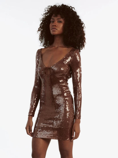 Sexy V Neck Long Sleeves Backless Sequin Mini Dress Women Christmas Party Dress