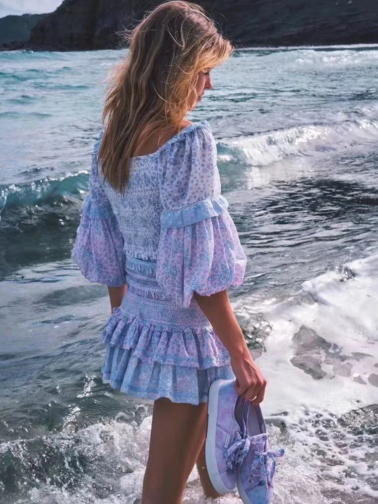 Sexy V-Neck Ruffle Floral Lantern Sleeve Boho Dress