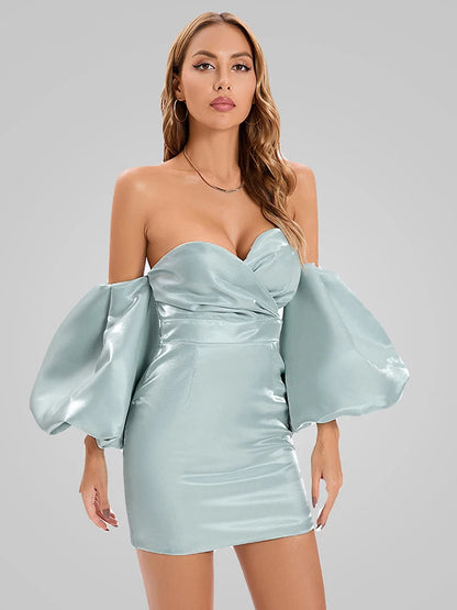 Sexy V-neck Strapless Puff Sleeve Satin Midi Off Shoulder Christmas Party Dress