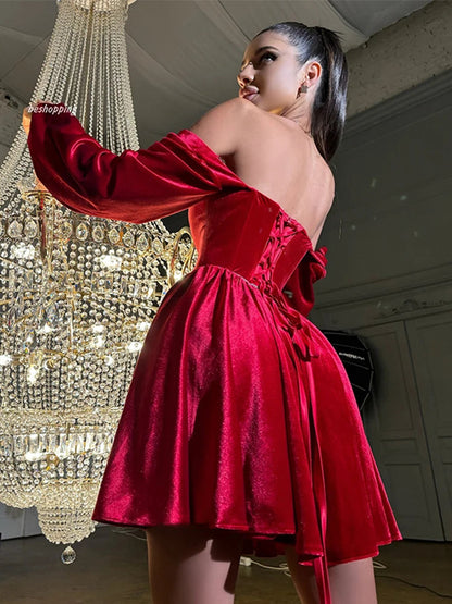 Velvet Strapless Off Shoulder Party Dress