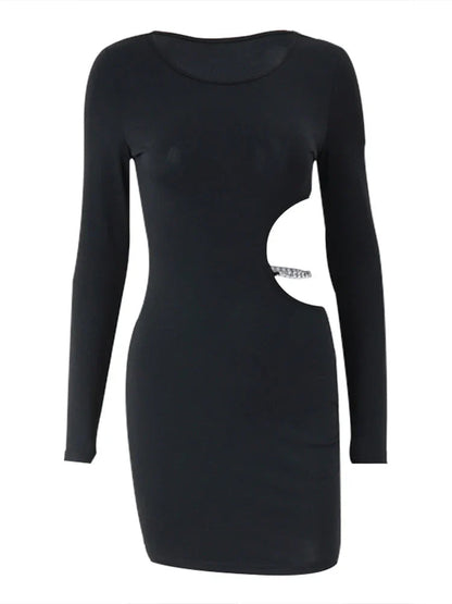 Waist Hollowed Black Long Sleeves Mini Dress