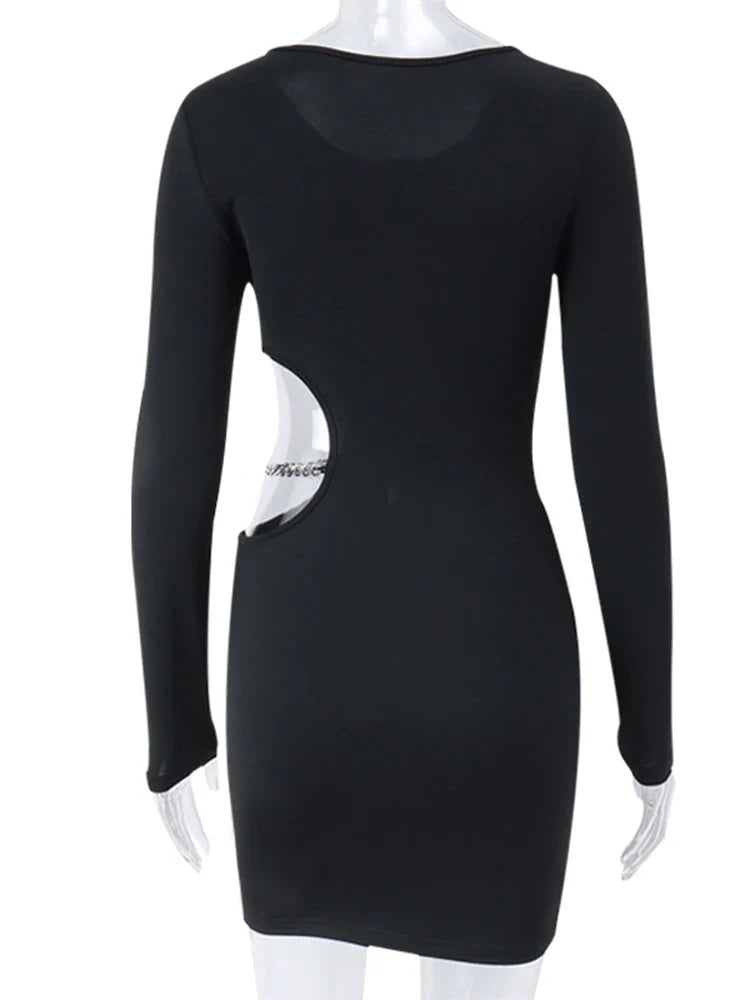 Waist Hollowed Black Long Sleeves Mini Dress