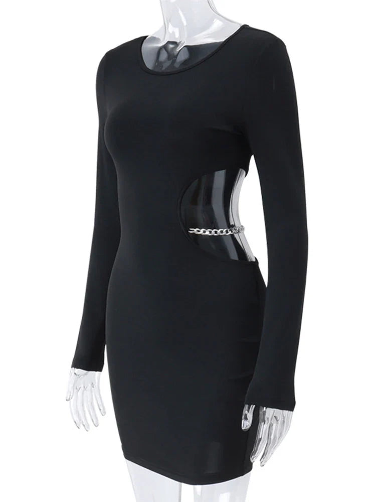 Waist Hollowed Black Long Sleeves Mini Dress