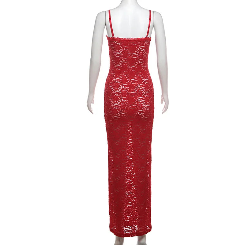 Red Sheer Lace Charming Cami Maxi Dress