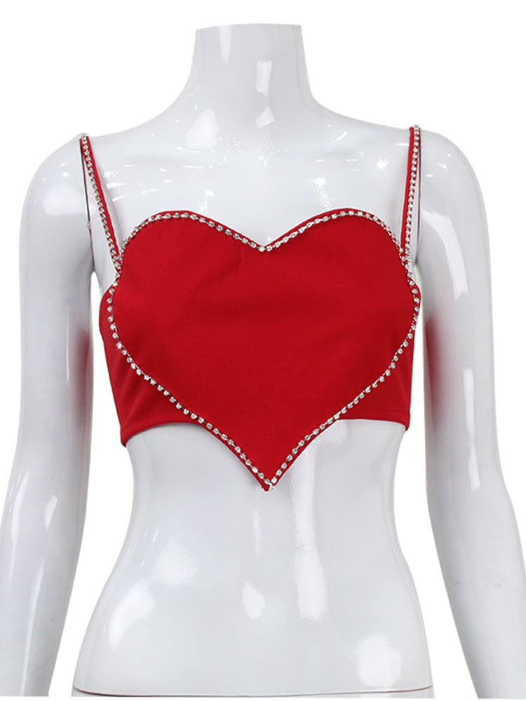 Red Heart Cut Out Graceful Rhinestone Strap Crop Top