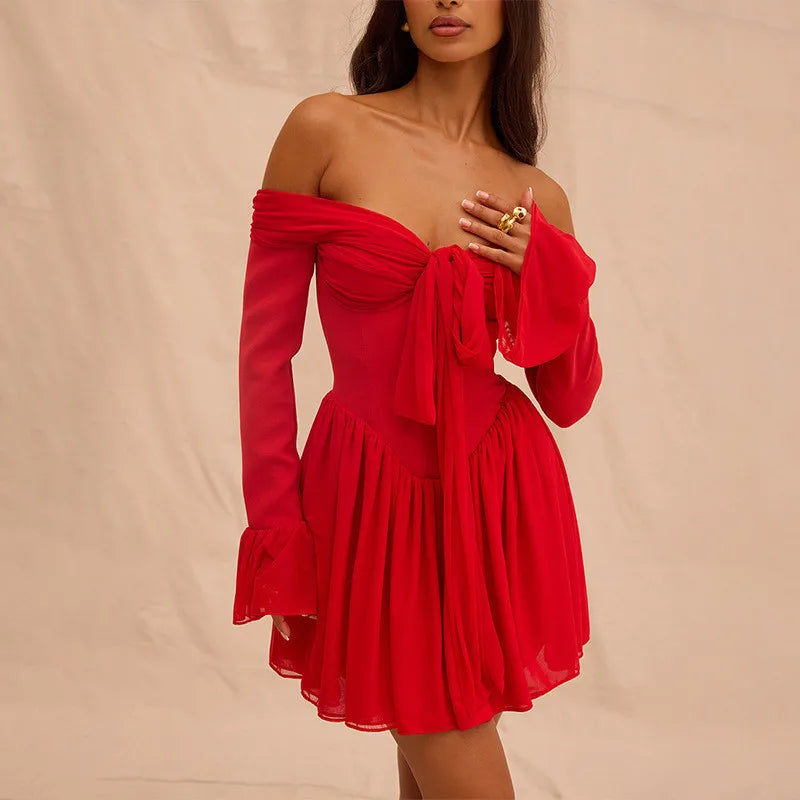 Red Off-Shoulder Stylish Frill Mini Dress