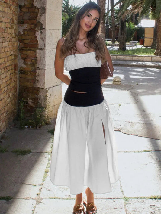 Black and White Patchwork Tube Trendy Top And Slit Long Skirt Set