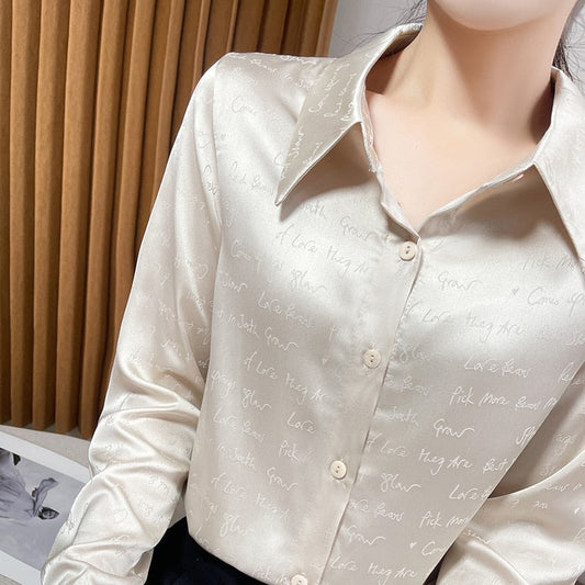 Silk Light Warm-Season Fashion Top Satin Acetate and Jacquard Women's Luxury Blouse New Spring Letter - Cardigan High-End Finish