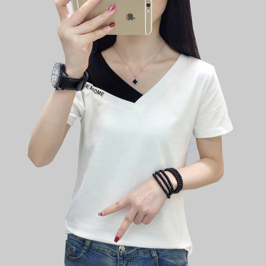 Tshirt Blouse V-Neck Warm-Season Cotton Fashion Shoulder Arm Tee Korea Brief Off Femme