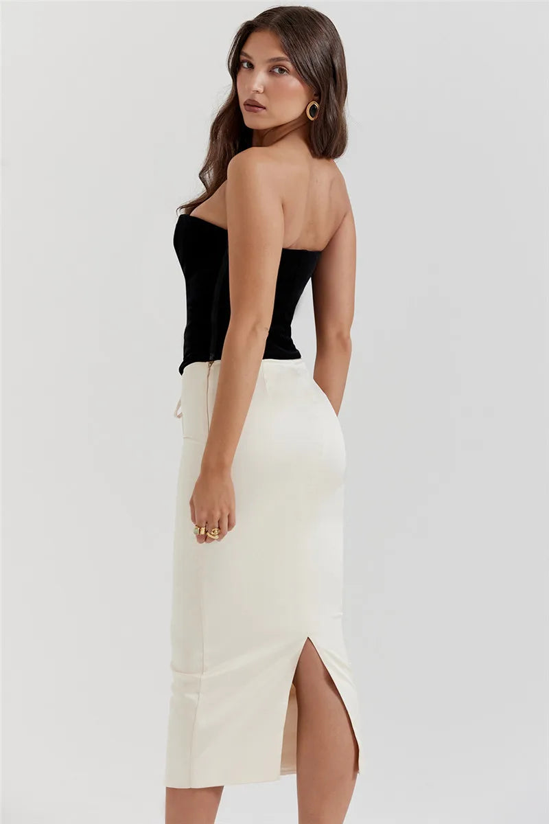 Black Lace Up Tube Top Trendy And White Satin Midi Skirt Set