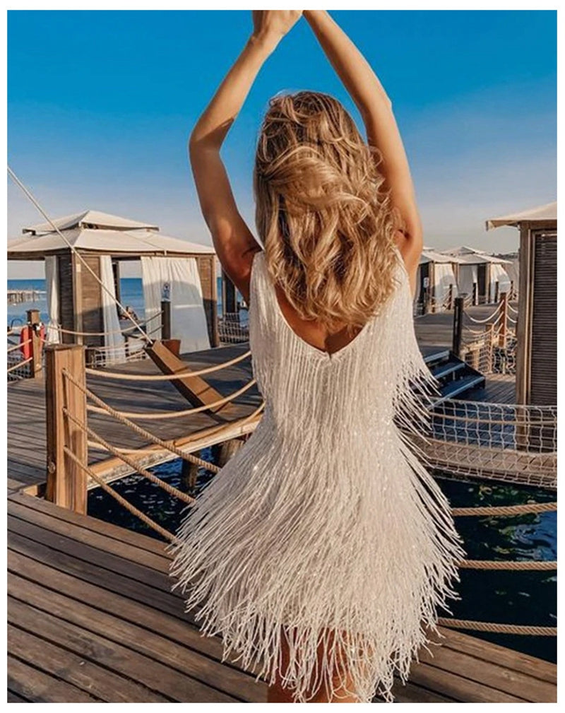 Summer V-Neck Sequins Tassel Feather Mini Dress