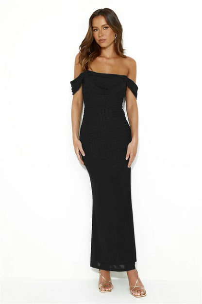 Mesh Ruched Off-Shoulder Charming Bodycon Maxi Dress