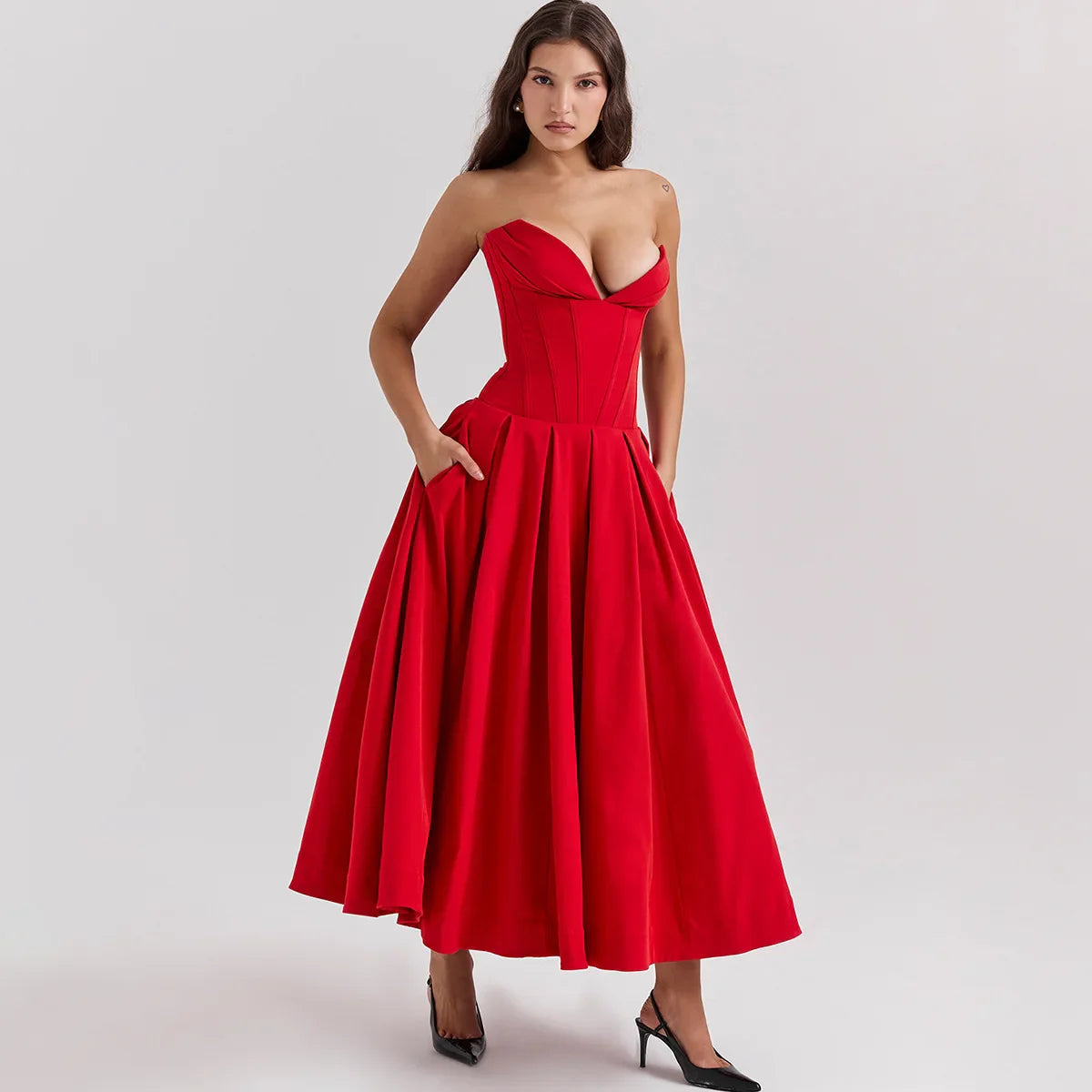 Adriana Midi A-Line Charming Strapless Corset Dress