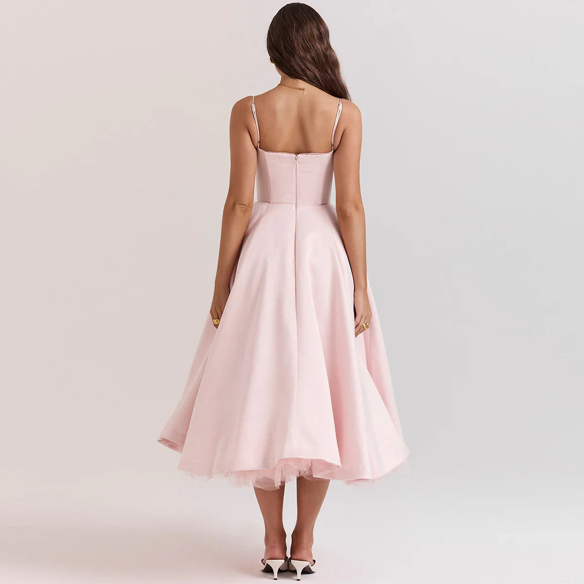 Satin Tulle Flare Charming Strap Cupped Midi Dress