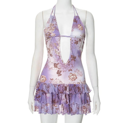 Purple Printed Deep Neck Graceful Frill Mini Strap Dress