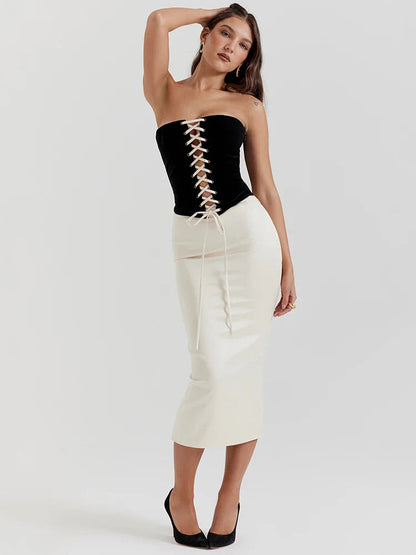 Black Lace Up Corset Top Trendy And White Satin Midi Skirt Set