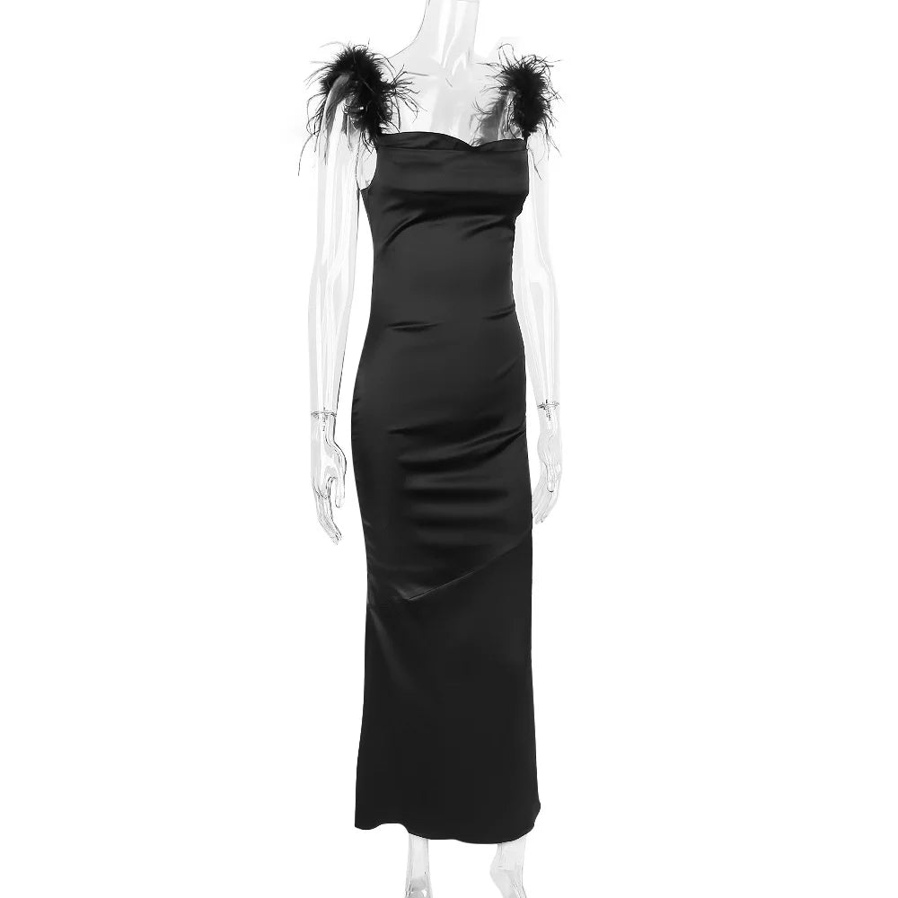 Black Satin Feather Charming Strap Maxi Dress