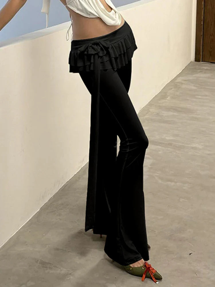 Black Lace Up Ruffled Flare Trendy Pants Low Waist Long Trouser