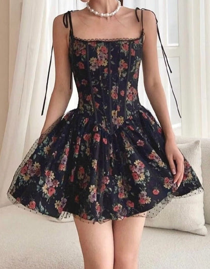 Black Floral Print Tie-Up Graceful Corset Frill Mini Dress