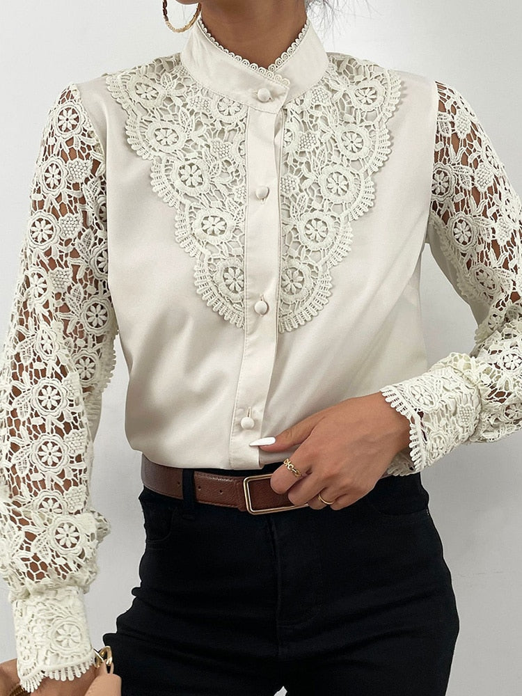 Up Pink Arm Lace Vintage Spliced Button Blouse Women's Long Casual Top