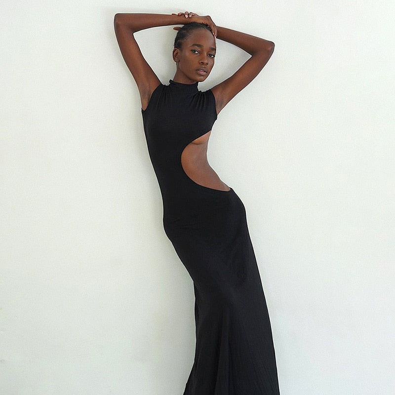 Black Mock Neck Tank Graceful Side Cut Out Maxi Dress