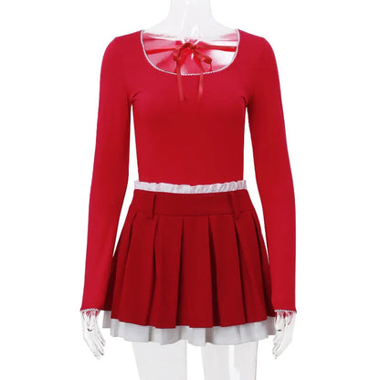 Red Long Sleeve Top Graceful And Pleated Mini Skirt Set