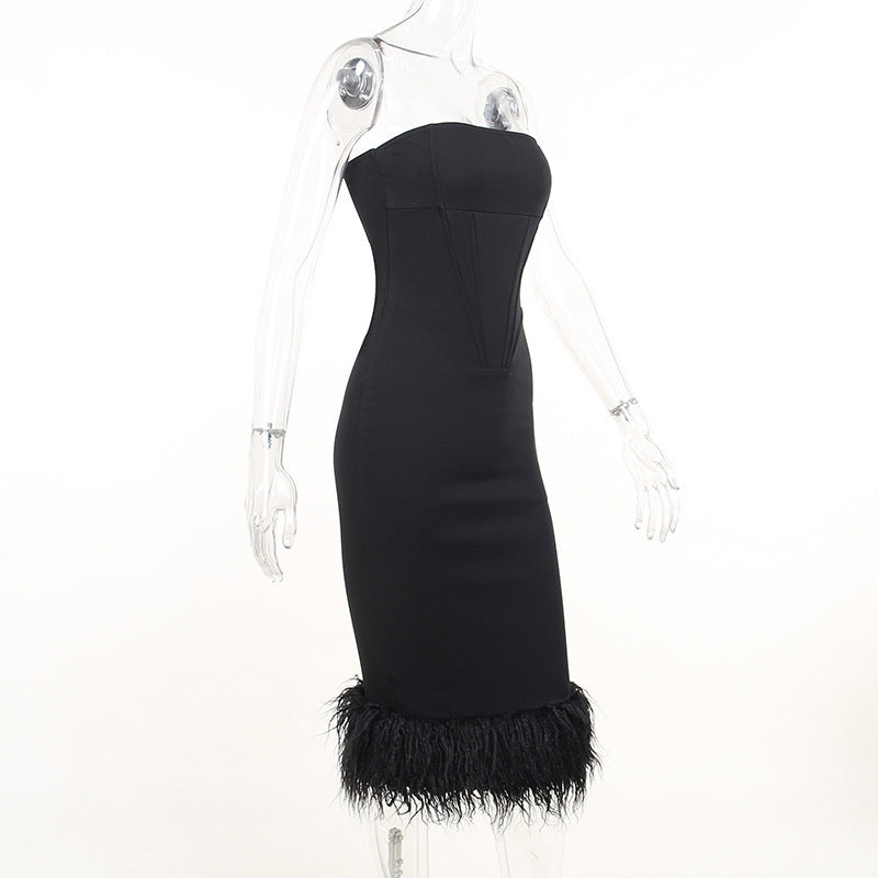 Black Tube Midi Charming Dress With Fur Trim