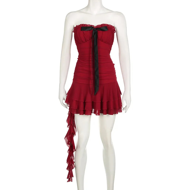 Red Tube Ruched Charming Bow Mini Dress