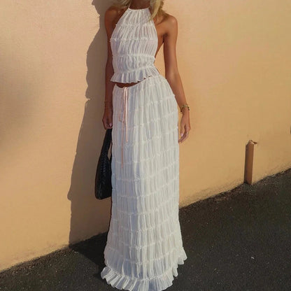 Ruched Halter White Top Graceful And Maxi Skirt Set