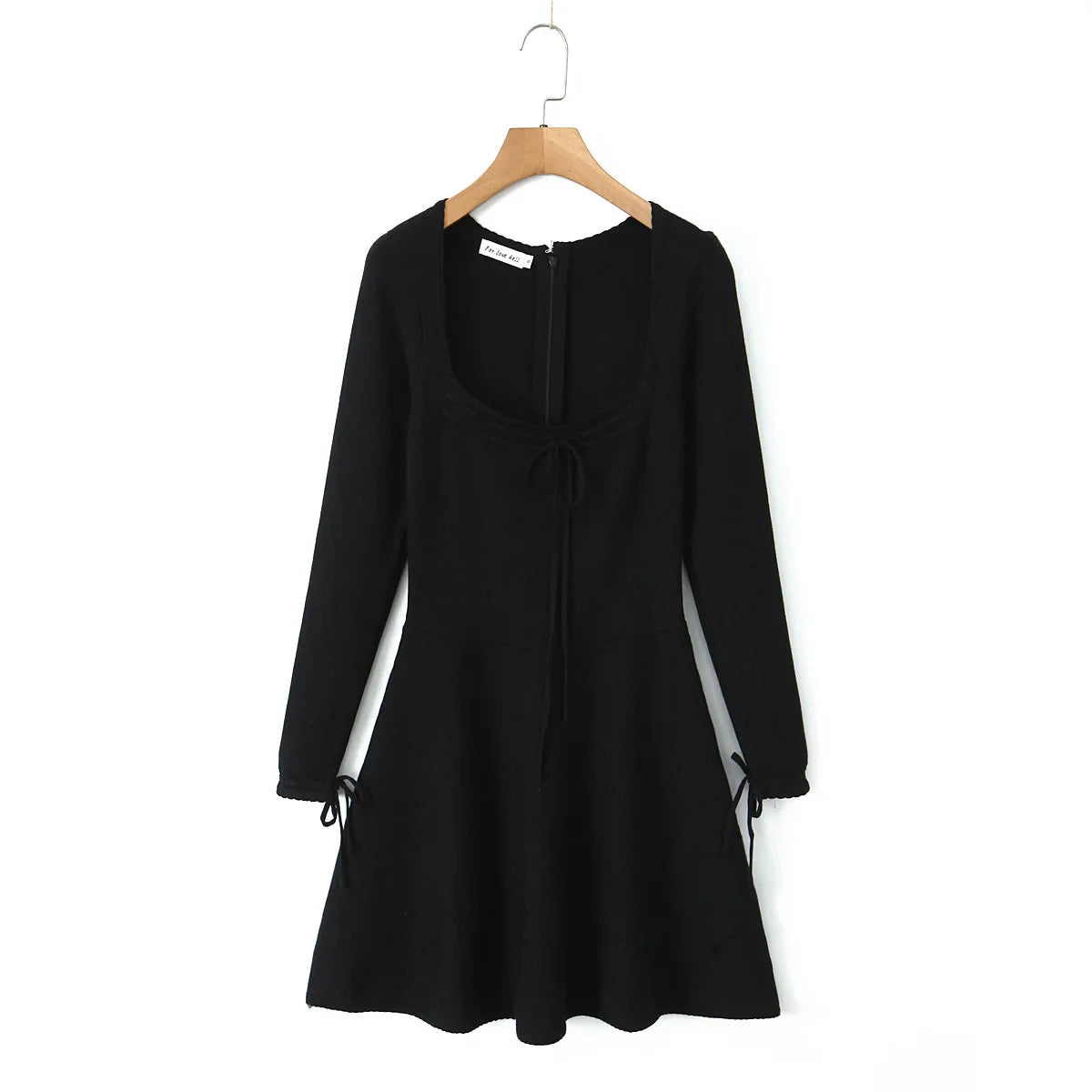 Ribbed Square Neck Long Graceful Sleeve Ribbion Mini Dress