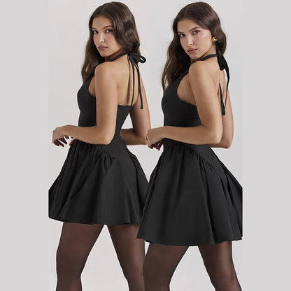 Black V-neck Halter Charming Frill Mini Dress