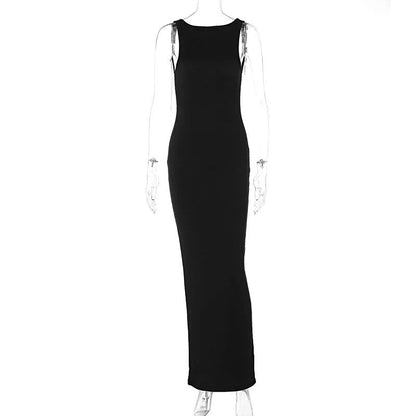 Ribbed Bandeau Deep Neck Graceful Layered Strap Long Dress