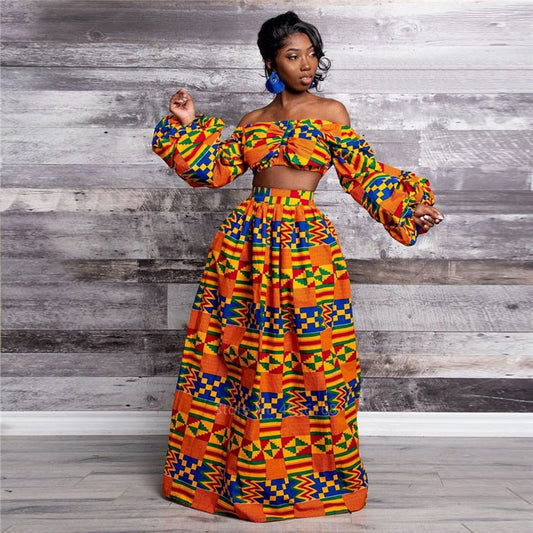 Skirt Top Vintage Africa and Elegant Women High Slit Piece Slash-neck with featuring Blouse Gown Sleeveless National Set Two Print