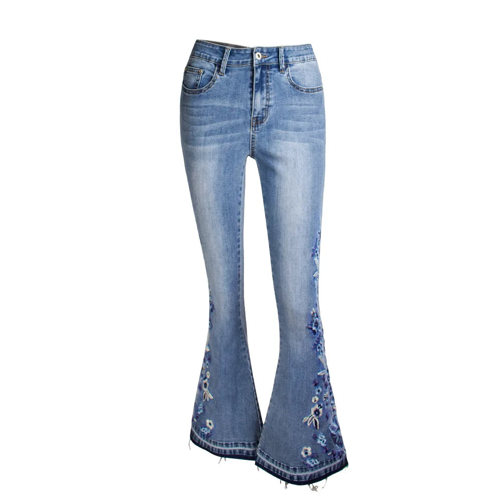 Size S-4XL Elastic Flower Embroidered Flare Denim Autumn Retro Style Bell Bottom Skinny Jean