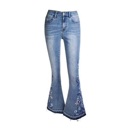 Size S-4XL Elastic Flower Embroidered Flare Denim Autumn Retro Style Bell Bottom Skinny Jean