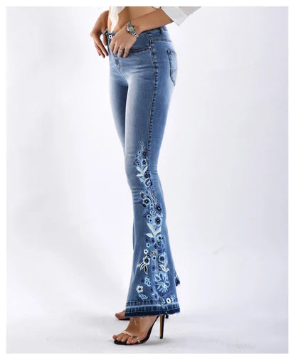 Size S-4XL Elastic Flower Embroidered Flare Denim Autumn Retro Style Bell Bottom Skinny Jean