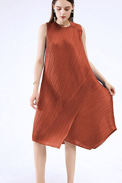 Sleeveless Pleated Midi Dress with Irregular Hem