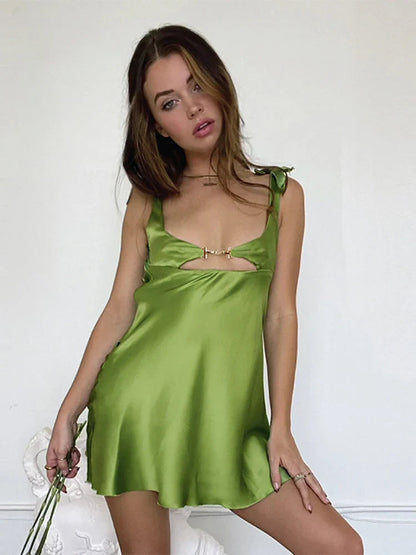 Sleeveless Satin Hollow Out Mini Dress