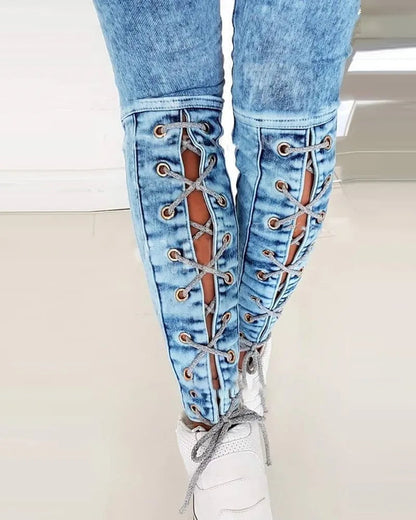 Slim-Fit Lace Up for Women Spring Autumn Fashion Streetwear Trousers Mid Waist Denim Pencil Pants Jean