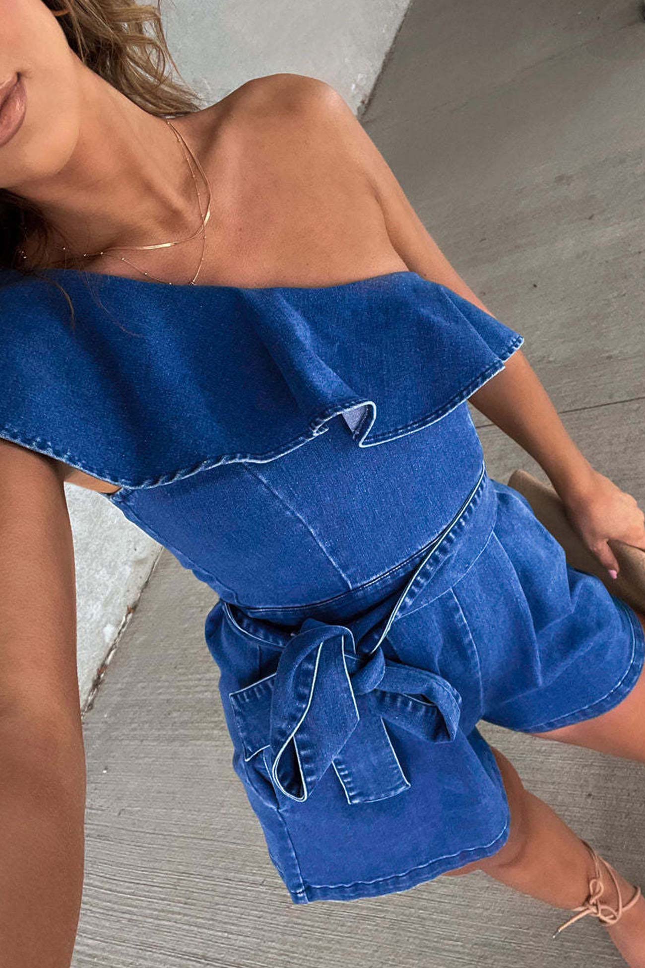 Ruffled Tie-waist Denim Rompers with Slop Shoulder