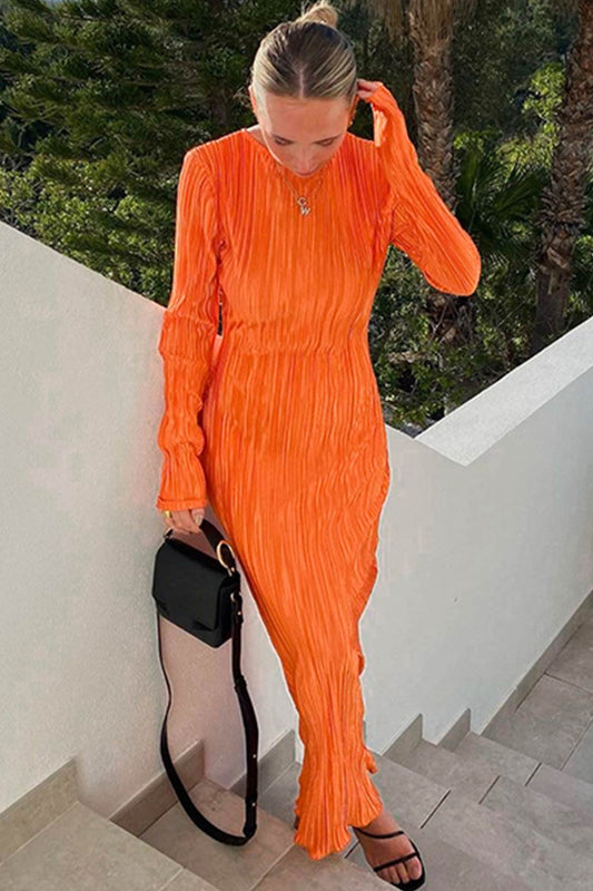 Solid Color Crew Neck Maxi Dress with Pleated Detail