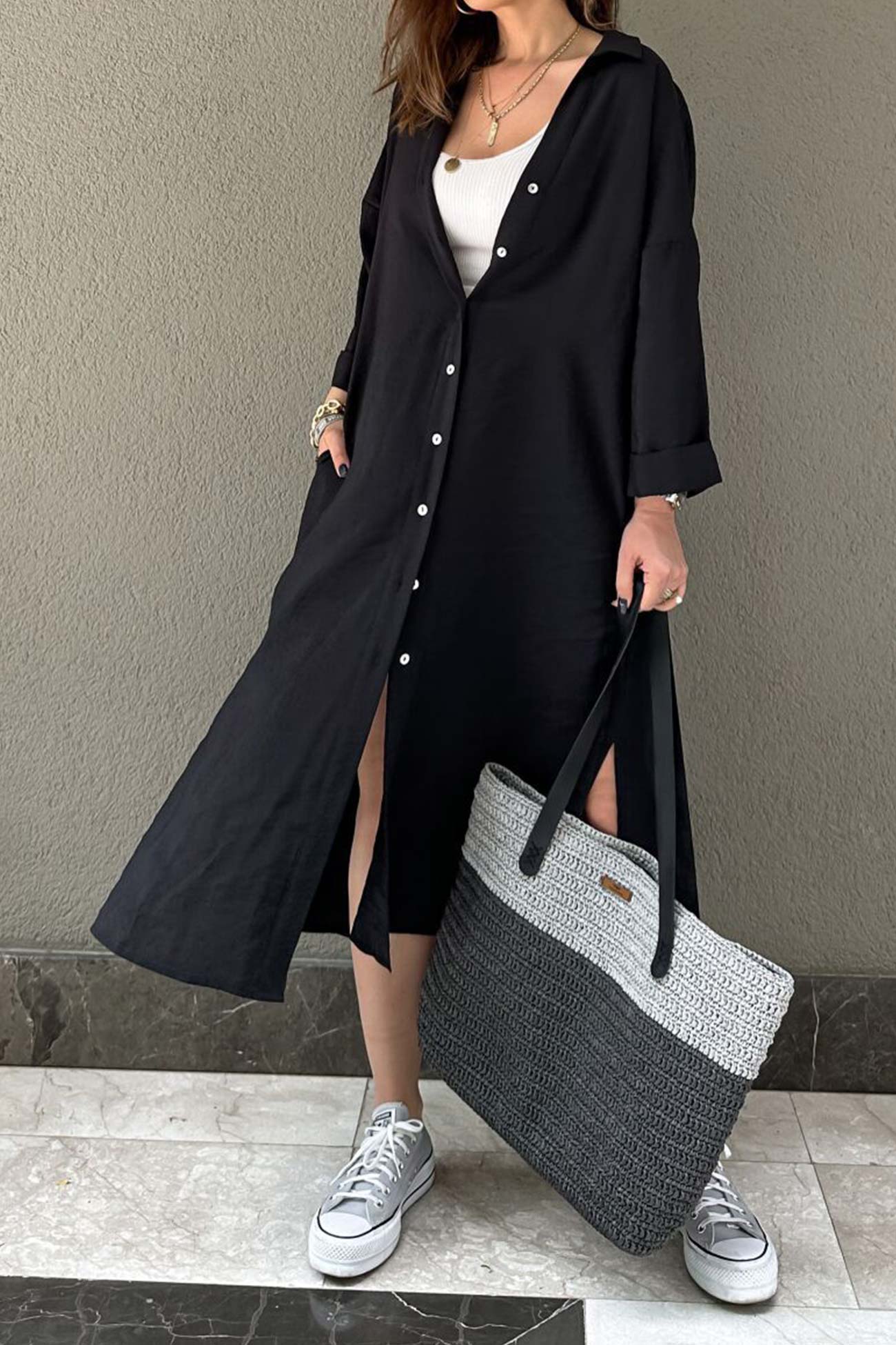 Single-breasted Slit Shirt Dress in Solid Color