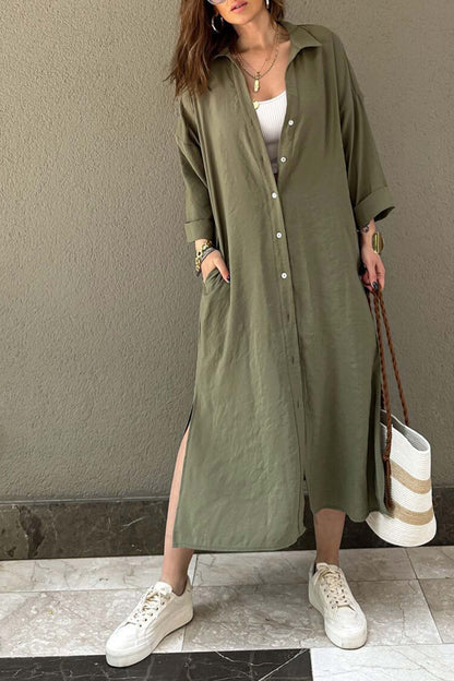 Single-breasted Slit Shirt Dress in Solid Color