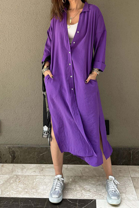 Single-breasted Slit Shirt Dress in Solid Color