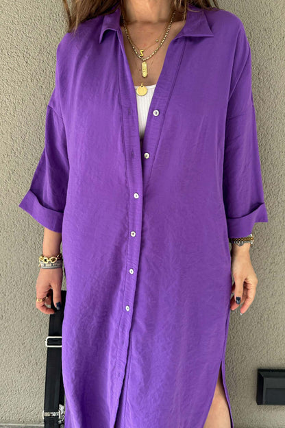 Single-breasted Slit Shirt Dress in Solid Color