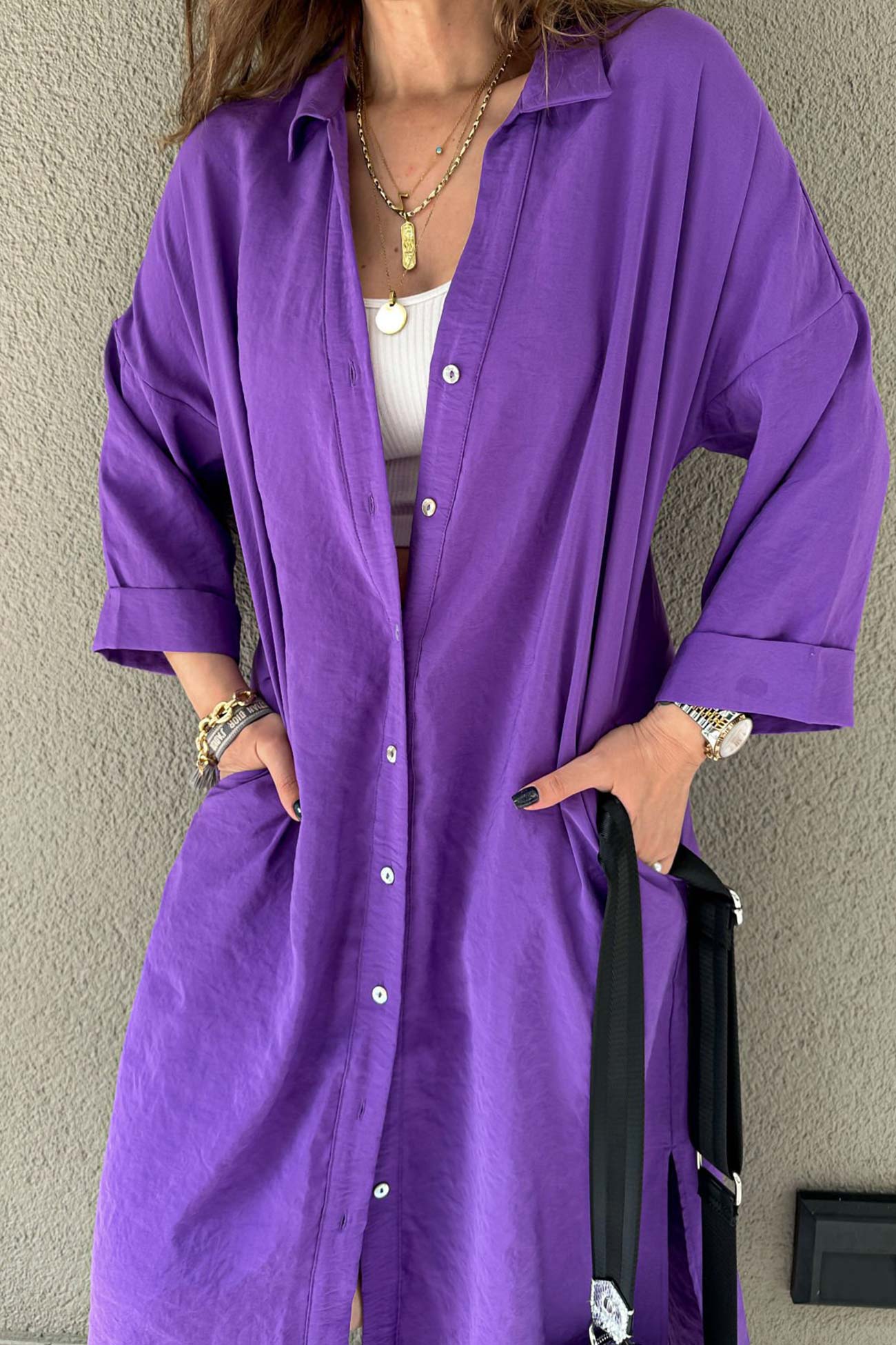 Single-breasted Slit Shirt Dress in Solid Color