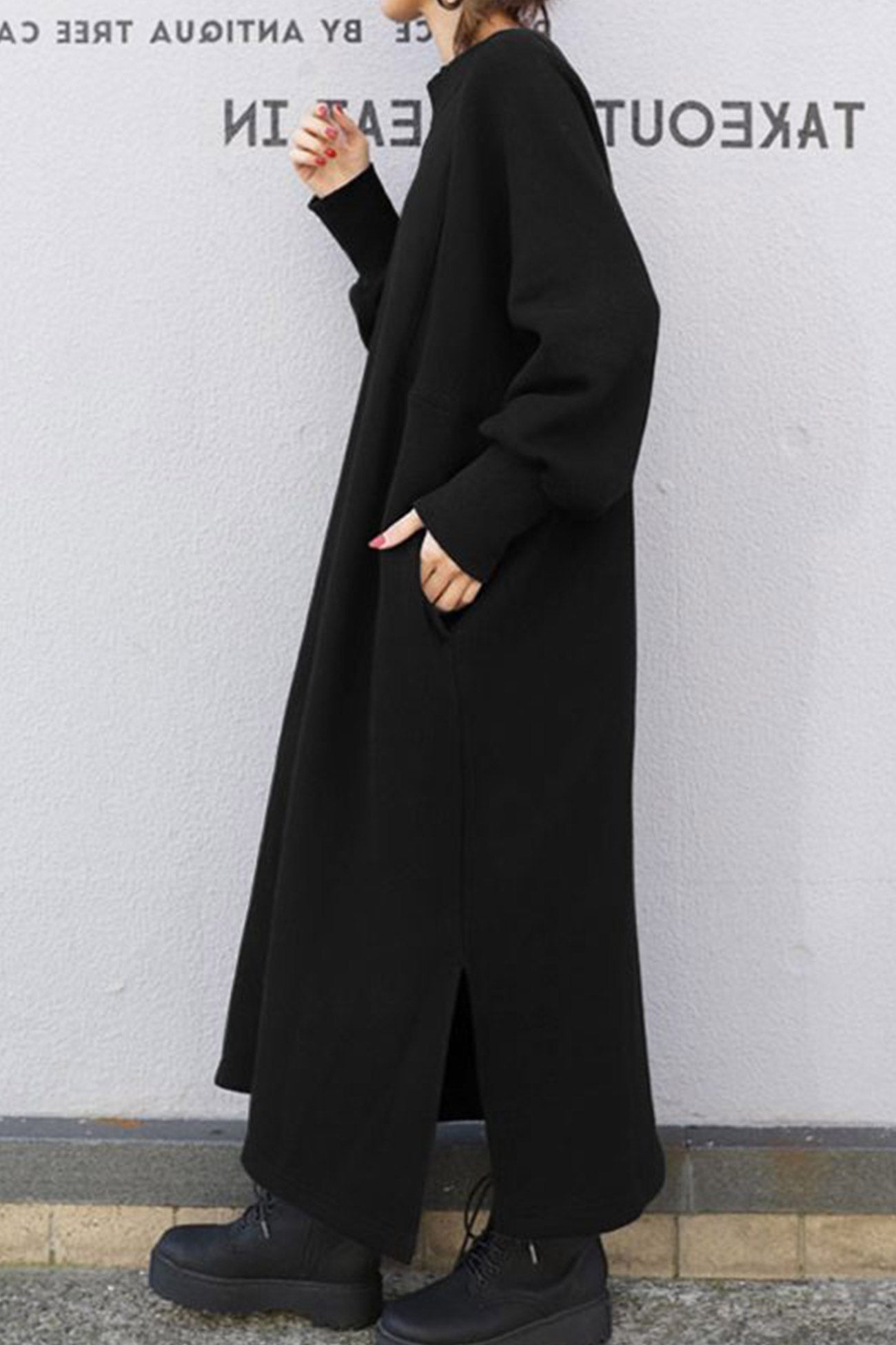 Slit Sweatshirt Dress with Crew Neck