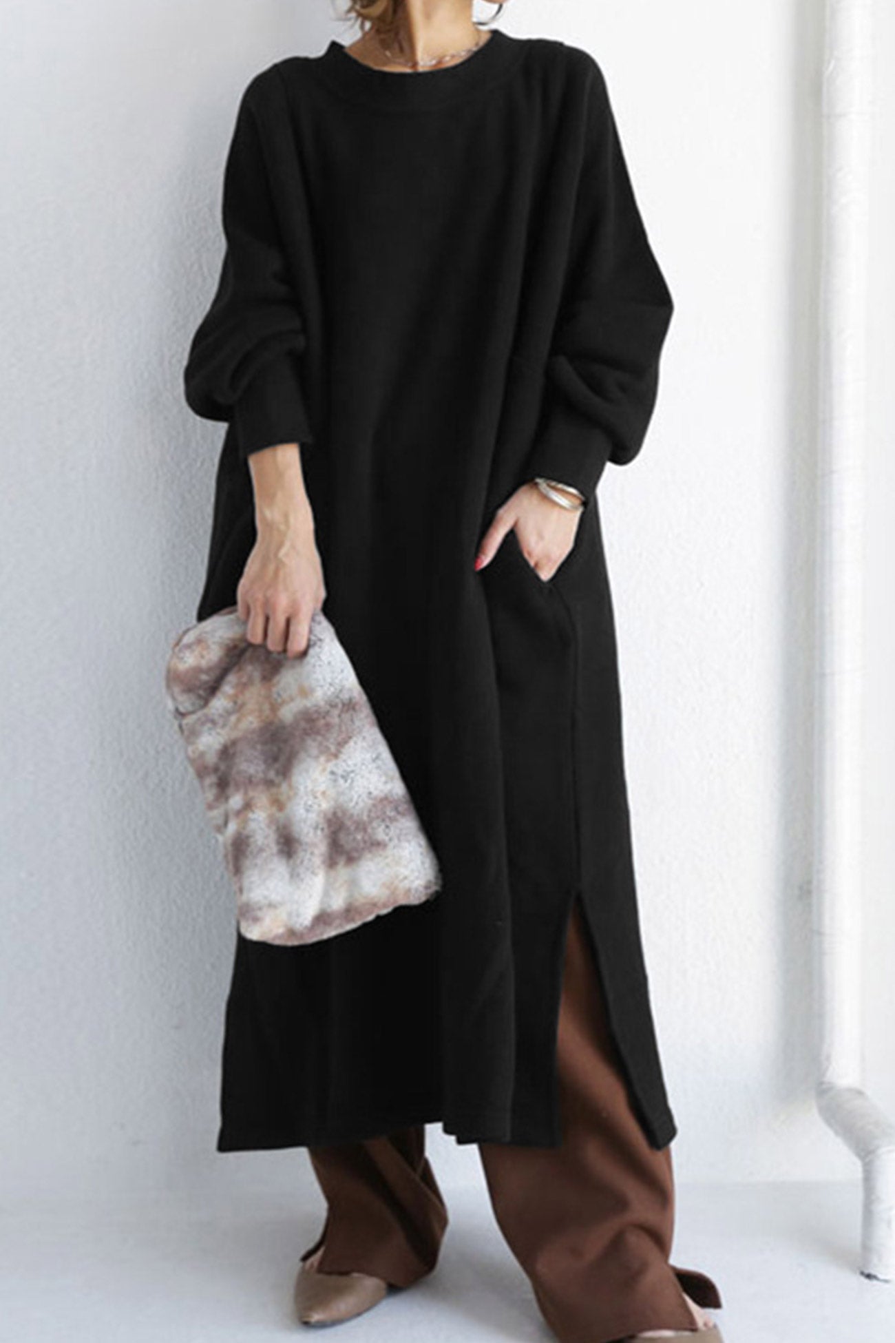 Slit Sweatshirt Dress with Crew Neck