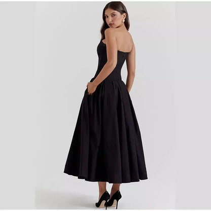 Solid Off-shoulder Chic Backless Strapless High-waisted Elegant Maxi Dress