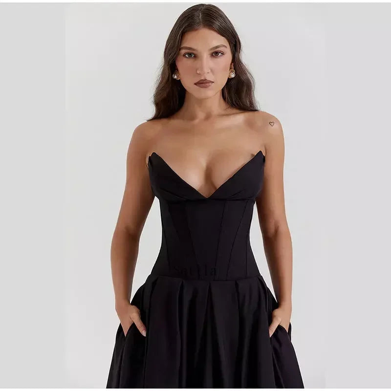 Solid Off-shoulder Chic Backless Strapless High-waisted Elegant Maxi Dress